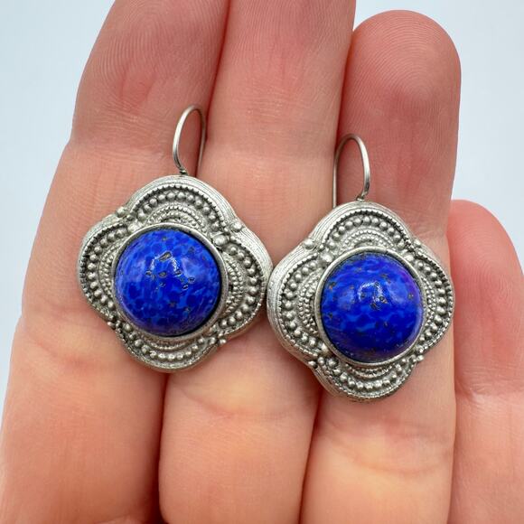 Vintage Blue Speckled Peking Glass Cabochon Earrings Etruscan Revival Bohemian - Picture 5 of 13